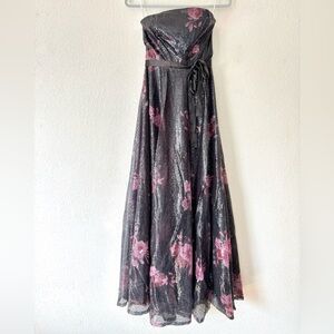 Lulus - Sweep of Romance Shiny Black Floral Sequin Strapless Maxi Dress in Small